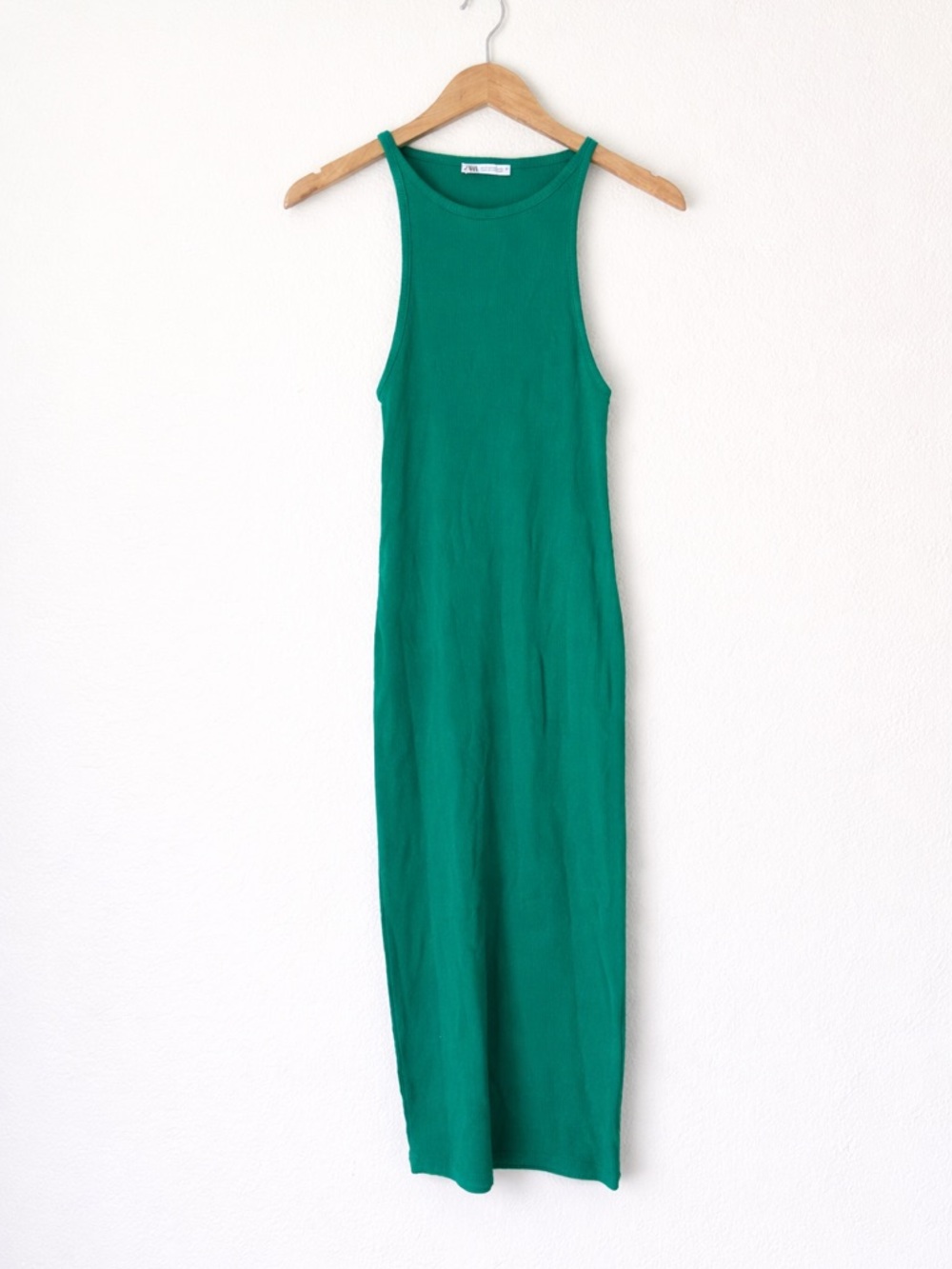 Zara Ribbed Green Midi Tank Dress Sleeveless Bodycon Stretch size M